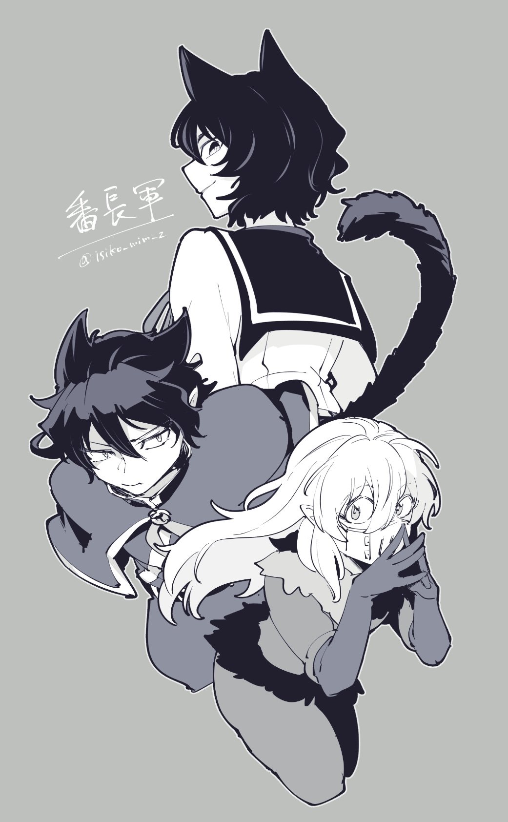 naberius kalego, opera (iruma-kun), mairimashita! iruma-kun, highres, 1other, 2boys, animal ears, balam shichiro, brooch, capelet, cat ears, cat tail, extra ears, fur trim, gloves, greyscale, hair between eyes, isiko mim z, jewelry, long hair, long sleeves, looking at viewer, mask, monochrome, mouth mask, multiple boys, pants, pointy ears, sailor collar, school uniform, serafuku, shirt, short hair, smile, steepled fingers, tail, tareme, trap, twitter username