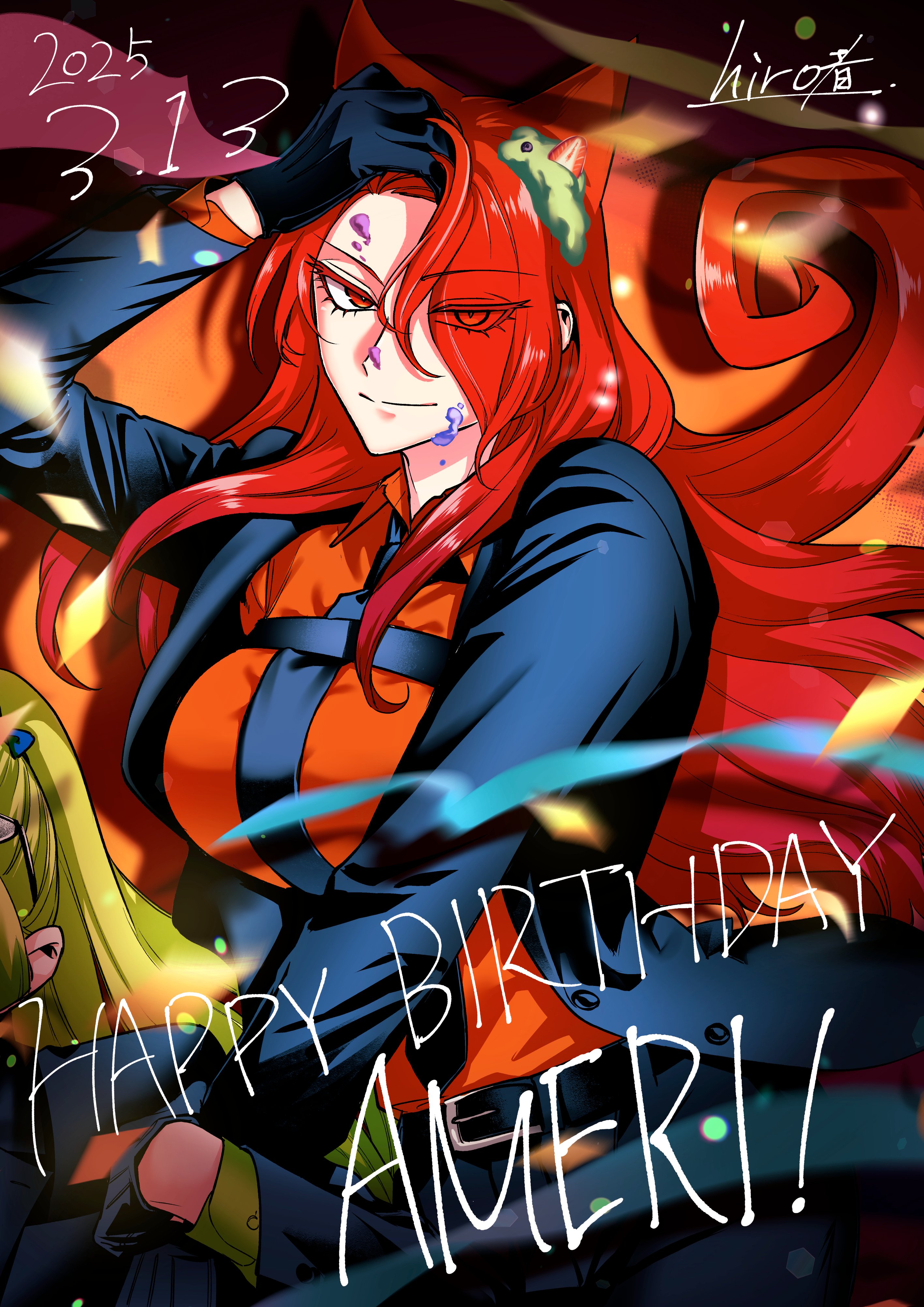 azazel ameri, valac clara, mairimashita! iruma-kun, absurdres, highres, official art, 2girls, belt, black gloves, black necktie, black pants, black suit, breasts, character name, collared shirt, colored eyelashes, confetti, curly hair, eyes visible through hair, food, formal clothes, fruit, gloves, green hair, green shirt, hair horns, hair over one eye, hand on own head, happy birthday, hiromono, large breasts, long hair, looking at viewer, mairimashita! iruma-kun mafia au, multiple girls, necktie, one eye covered, orange background, orange eyes, orange shirt, pants, red eyes, red hair, shadow, shirt, signature, smile, solo, strawberry, suit, tall female, very long hair
