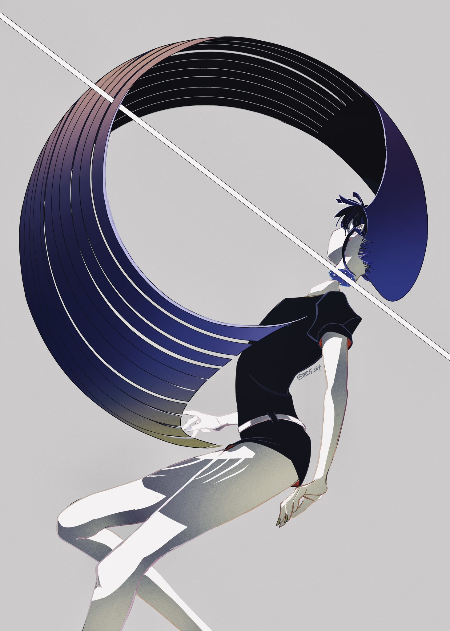 mt5 014, lapis lazuli (houseki no kuni), houseki no kuni, highres, 1other, androgynous, black shorts, blue hair, blunt ends, disembodied head, gem uniform (houseki no kuni), grey background, long hair, other focus, puffy short sleeves, puffy sleeves, short shorts, short sleeves, shorts, very long hair