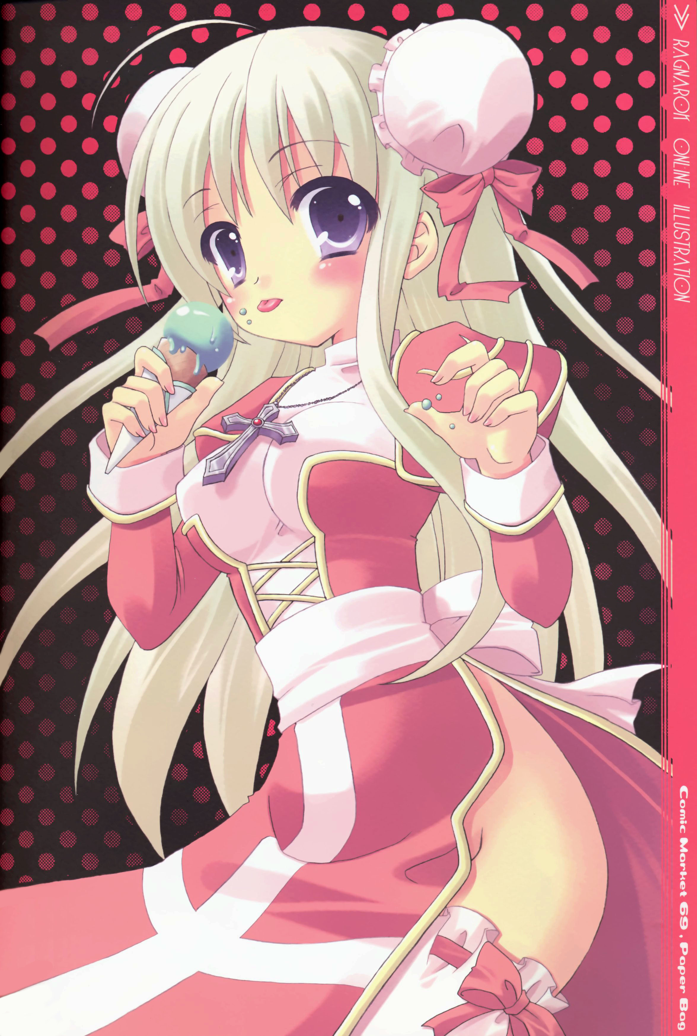 alto seneka, rusty soul, high priest (ragnarok online), ragnarok online, absurdres, highres, scan, 1girl, :p, ahoge, blonde hair, breasts, bun cover, cross, double bun, female focus, food, hair bun, ice cream, latin cross, long hair, pink theme, purple eyes, ribbon, solo, thighhighs, tongue, tongue out