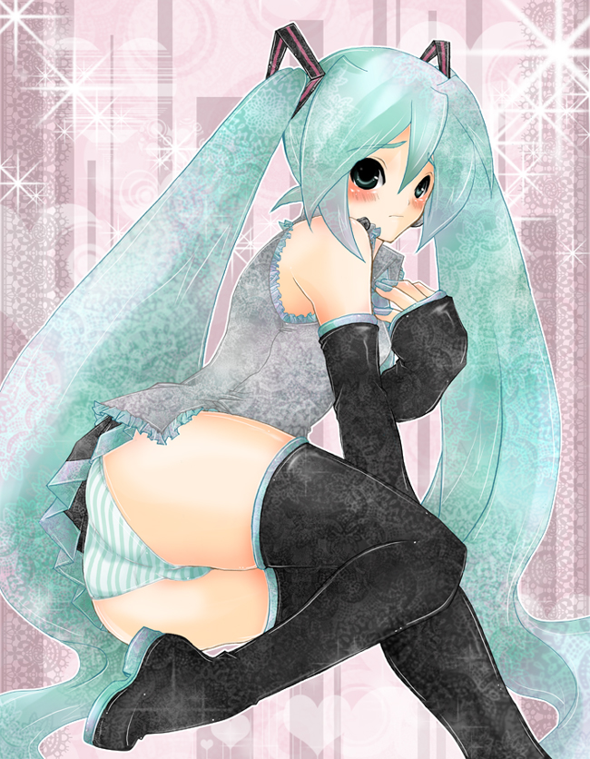 sara (uunyan), hatsune miku, vocaloid, bad id, bad pixiv id, 1girl, aqua hair, blush, female focus, long hair, panties, solo, striped clothes, striped panties, thighhighs, twintails, underwear, very long hair