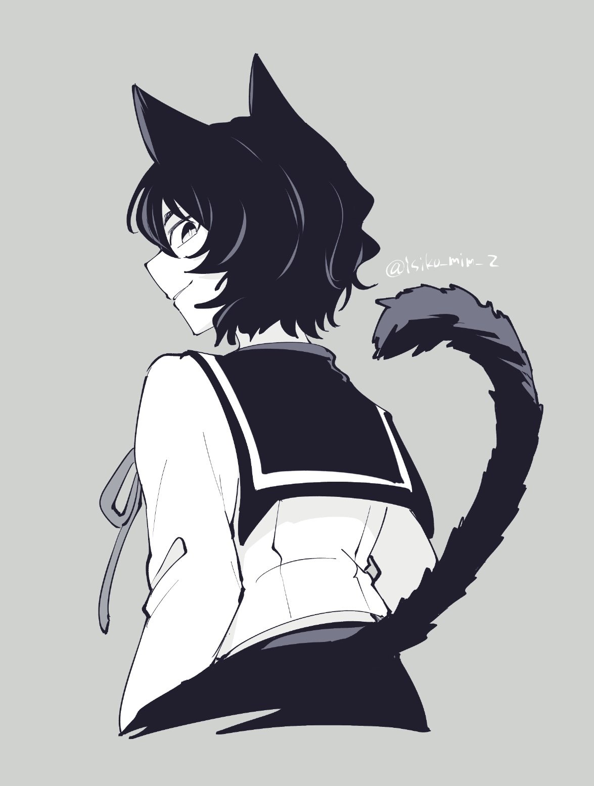 opera (iruma-kun), mairimashita! iruma-kun, highres, 1other, animal ears, cat ears, cat tail, closed mouth, extra ears, from behind, grey background, greyscale, isiko mim z, long sleeves, looking at viewer, looking back, monochrome, other focus, outline, pointy ears, ribbon, sailor collar, school uniform, serafuku, shirt, short hair, simple background, smile, solo, tail, twitter username, upper body