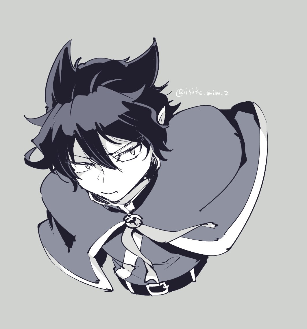 naberius kalego, mairimashita! iruma-kun, 1boy, belt, brooch, capelet, closed mouth, cropped torso, grey background, greyscale, hair between eyes, isiko mim z, jewelry, looking at viewer, male focus, monochrome, pointy ears, school uniform, short hair, simple background, solo, twitter username, upper body