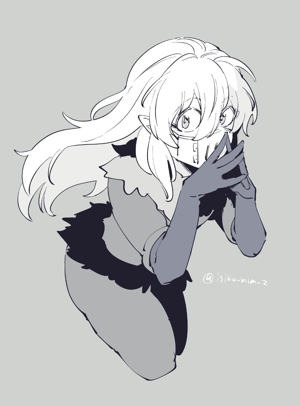 mairimashita! iruma-kun, highres, 1boy, balam shichiro, cropped legs, fur trim, gloves, grey background, greyscale, hair between eyes, isiko mim z, long hair, long sleeves, looking at viewer, male focus, mask, monochrome, mouth mask, pants, pointy ears, shirt, simple background, solo, steepled fingers, tareme, trap, twitter username