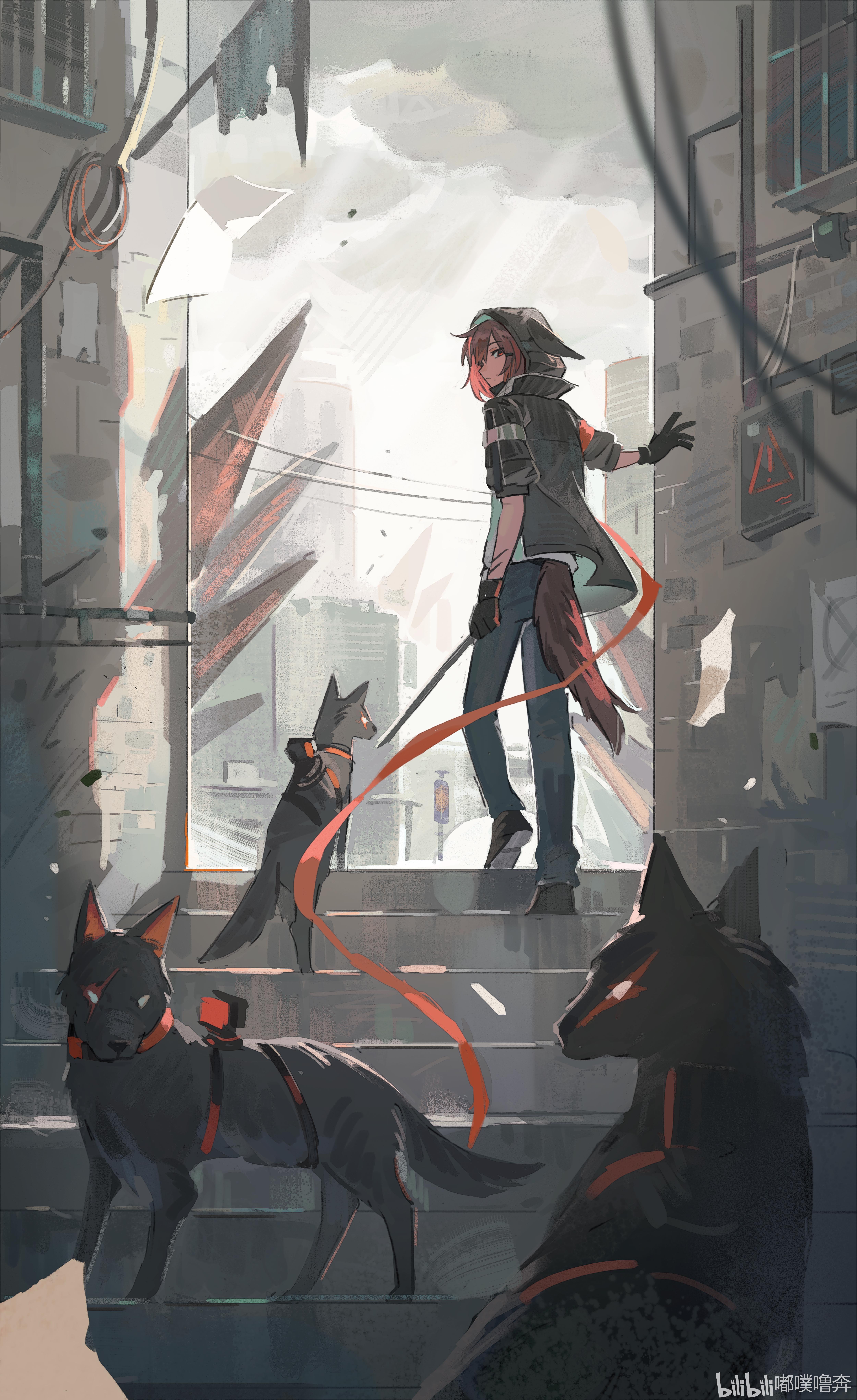 dopperu ben, crownslayer (arknights), arknights, absurdres, commentary, highres, 1girl, animal ear hood, armband, black gloves, black jacket, black shoes, cable, city, day, denim, fake animal ears, floppy ears, from behind, full body, gloves, hood, hood up, hooded jacket, hyena, hyena ears, hyena girl, hyena tail, jacket, jeans, looking at viewer, orange armband, orange eyes, orange hair, originium (arknights), outdoors, overcast, pants, scar, scar on arm, shoe soles, shoes, short hair, sky, solo, stairs, standing, uneven footing