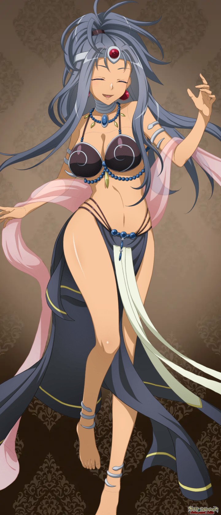 shuriya (high school dxd), high school dxd, high school dxd operation paradise infinity, official art, 1girl, anklet, breasts, cleavage, closed eyes, earrings, grey hair, jewelry, large breasts, long hair, navel, pelvic curtain, solo