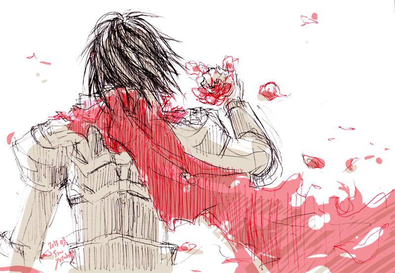 assassin cross (ragnarok online), ragnarok online, commentary request, 1boy, black hair, flower, from behind, grey shirt, holding, holding flower, male focus, petals, red scarf, scarf, shirt, short hair, sketch, solo, torn clothes, torn scarf, upper body, yotuha428