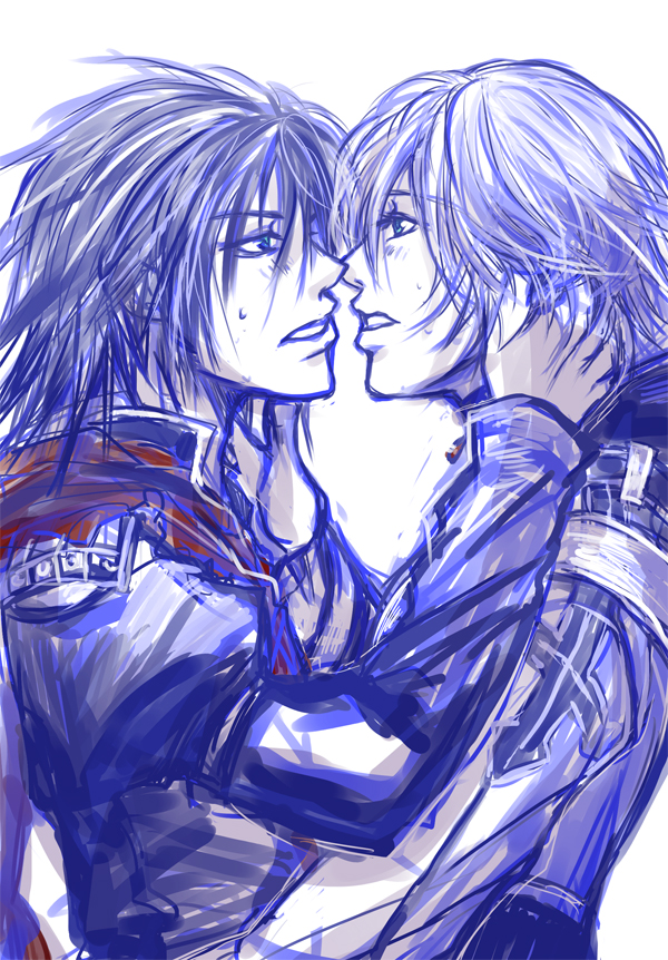 arch bishop (ragnarok online), assassin cross (ragnarok online), ragnarok online, commentary request, 2boys, blue shirt, blue theme, limited palette, looking at another, male focus, multiple boys, open mouth, profile, red scarf, scarf, shirt, simple background, upper body, white background, yaoi, yotuha428