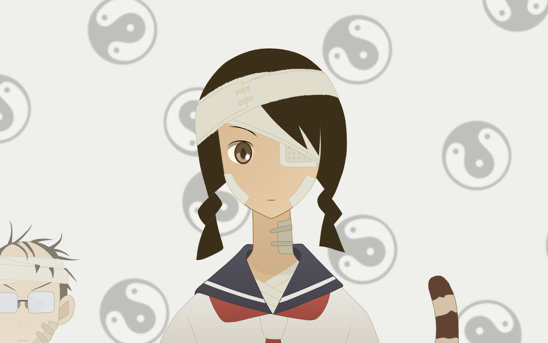 kobushi abiru, sayonara zetsubou sensei, highres, 00s, bandages, brown eyes, brown hair, cat tail, glasses, school uniform, serafuku, tail