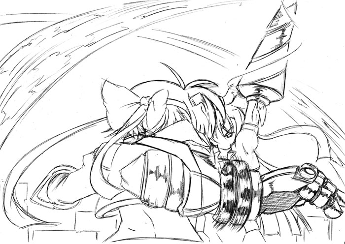 sch, ginga nakajima, revolver knuckle, subaru nakajima, lyrical nanoha, mahou shoujo lyrical nanoha, mahou shoujo lyrical nanoha strikers, 00s, 2girls, arm up, bracelet, dress, drill, greyscale, jewelry, monochrome, multiple girls, siblings, simple background, sisters, sketch, white background