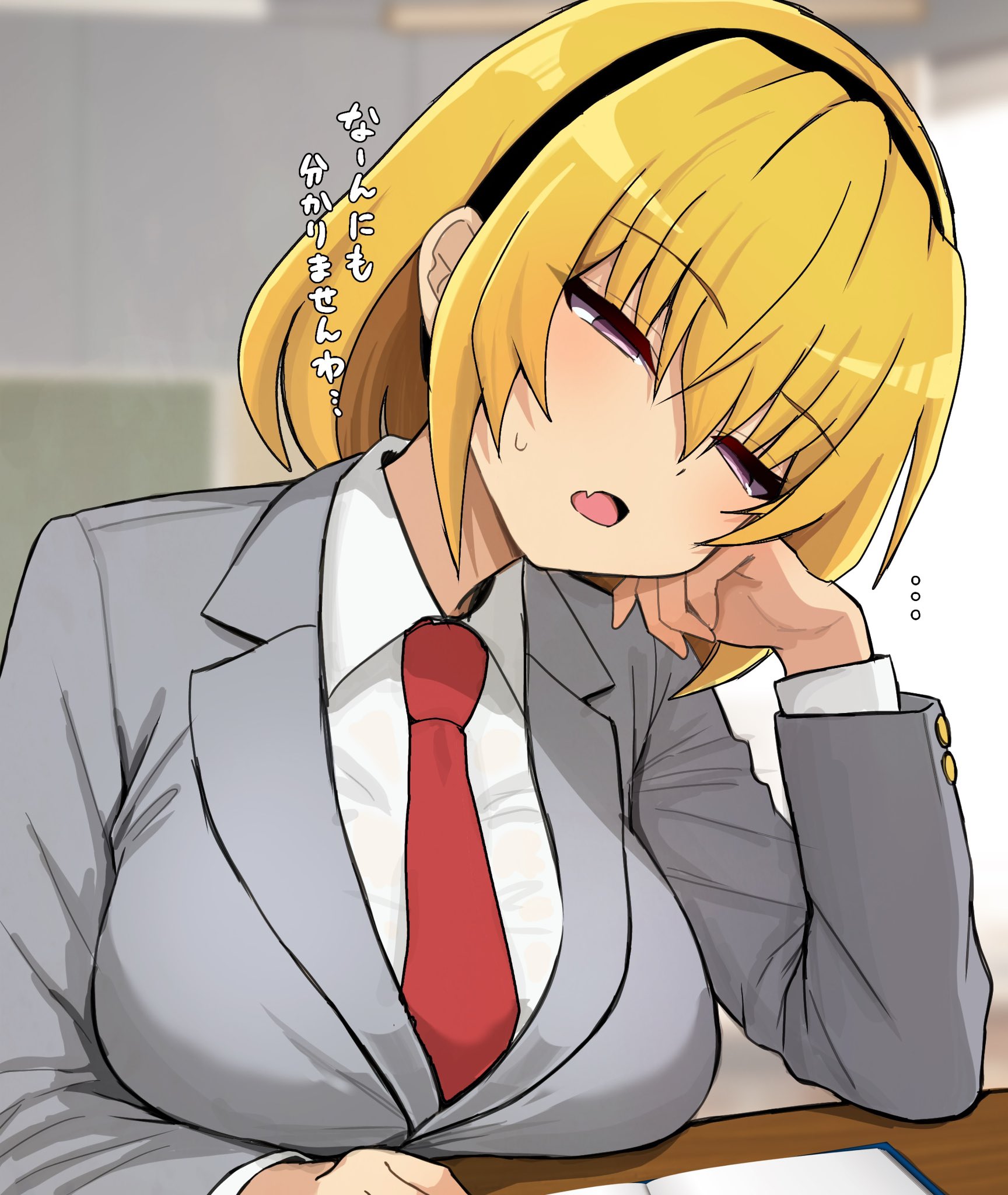 yuno ff, houjou satoko, higurashi no naku koro ni, higurashi no naku koro ni gou, commentary request, highres, translation request, …, 1girl, black hairband, blonde hair, breasts, collared shirt, fang, formal clothes, grey suit, hair between eyes, hairband, indoors, large breasts, necktie, open mouth, red necktie, shirt, skin fang, sleepy, solo, suit, white shirt