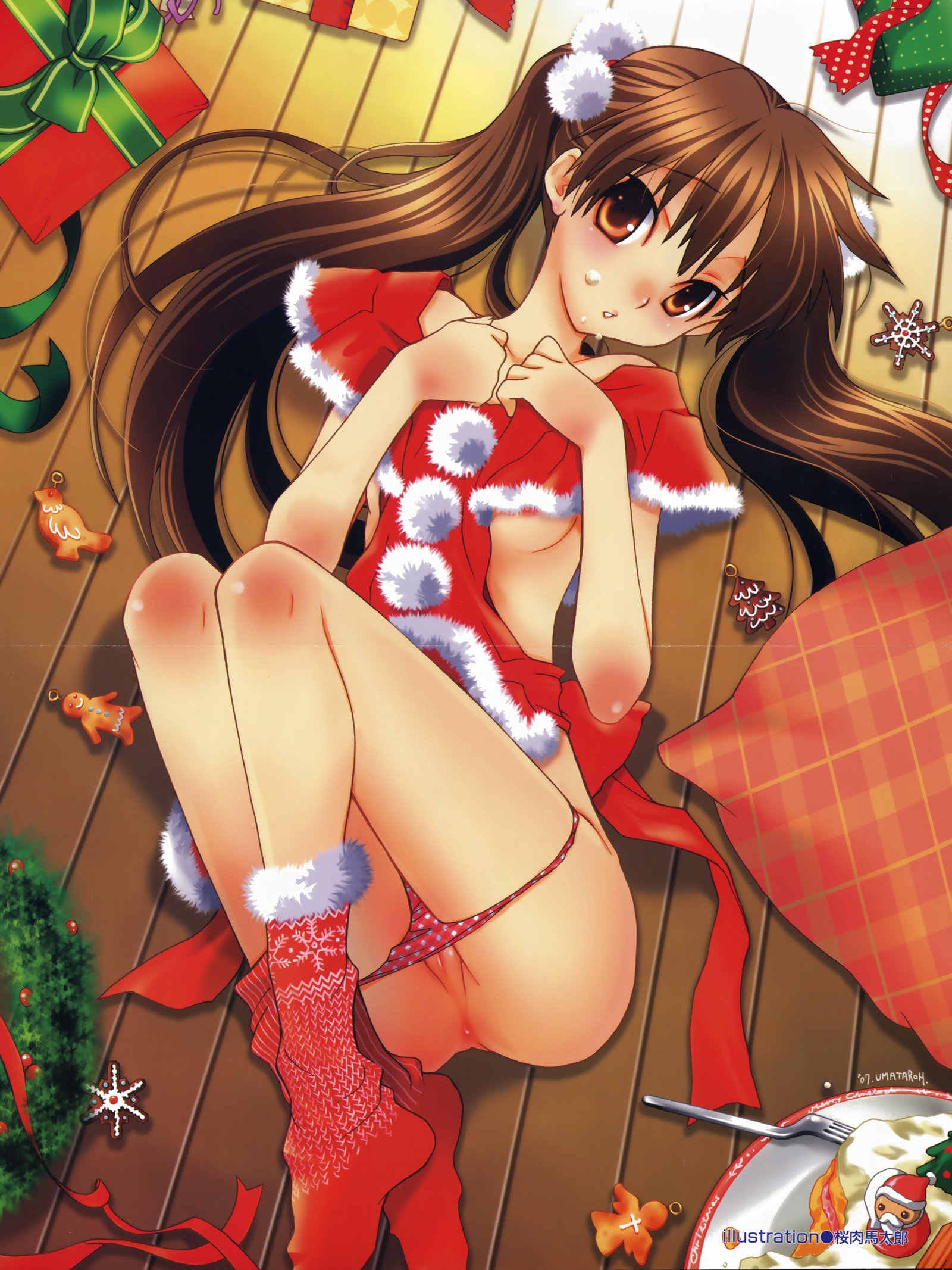 sakuraniku umatarou, ornament, highres, scan, 00s, 1girl, 2007, artist name, body blush, brown eyes, brown hair, cake, capelet, christmas, female focus, flat chest, floor, food, food on face, gingerbread man, indoors, long hair, looking at viewer, lying, nipple slip, nipples, on back, panties, parted lips, pillow, pom pom (clothes), pussy, red panties, red socks, santa costume, snowflakes, socks, solo, twintails, uncensored, underwear