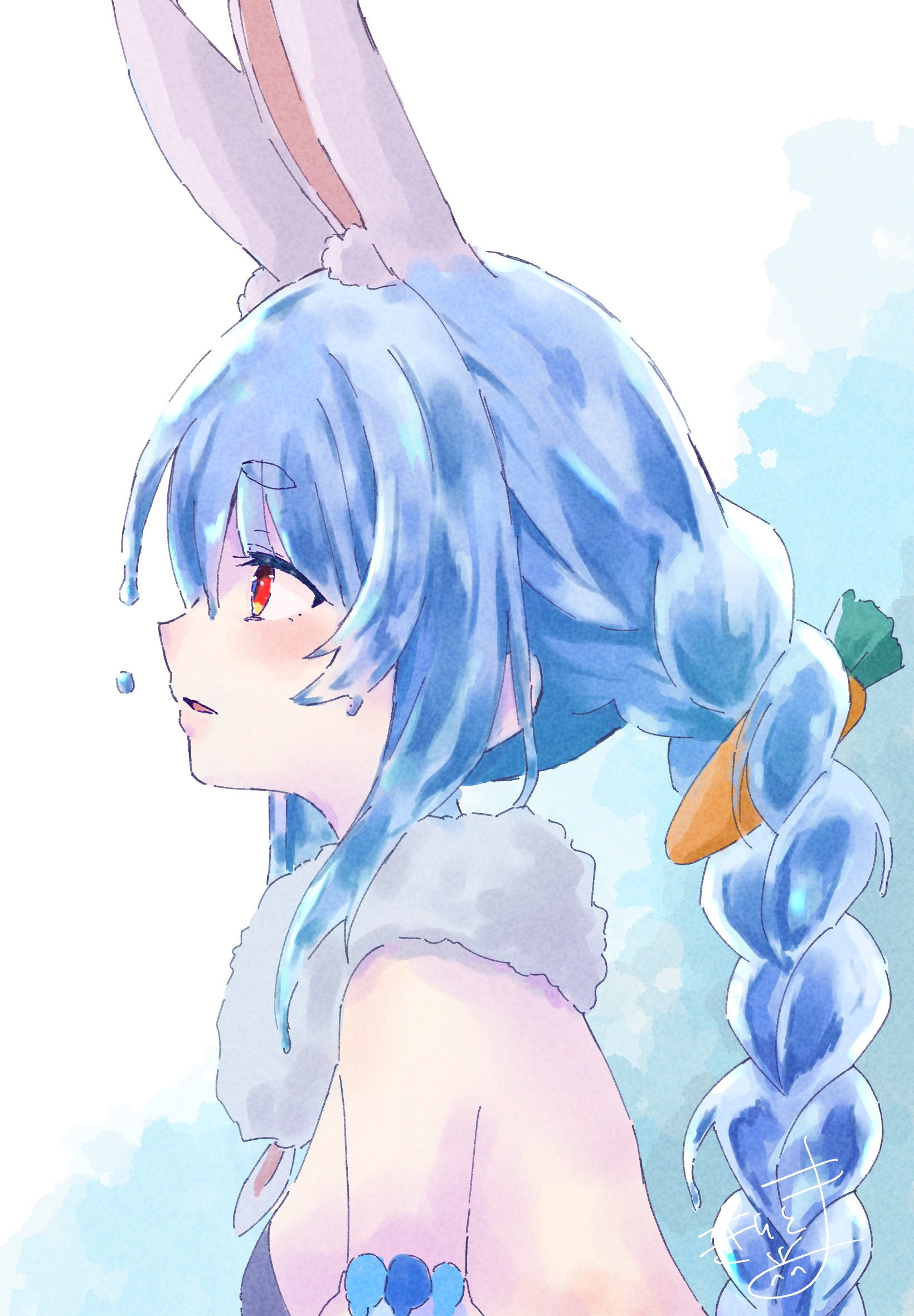 kiritoma, don-chan (usada pekora), usada pekora, usada pekora (1st costume), hololive, commentary request, highres, 1girl, animal ear fluff, animal ears, bare shoulders, blue hair, braid, breasts, carrot hair ornament, detached sleeves, food-themed hair ornament, from side, hair between eyes, hair ornament, long hair, parted lips, profile, puffy sleeves, rabbit ears, red eyes, short eyebrows, small breasts, solo, thick eyebrows, twin braids, twintails, upper body, very long hair, water drop, wet, wet hair, white sleeves