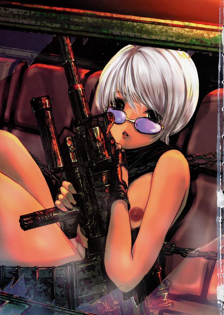 linda, vehicle, 1girl, breasts, female focus, gloves, gun, looking over eyewear, looking over glasses, medium breasts, military jeep, motor vehicle, nipples, purple-tinted eyewear, short hair, solo, sunglasses, tinted eyewear, weapon, white hair