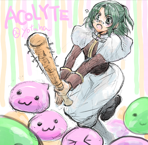 acolyte (ragnarok online), poporing, poring, ragnarok online, commentary request, lowres, 1girl, :3, bandaid, bandaid on face, bandaid on nose, baseball bat, black shoes, brown shirt, capelet, full body, green eyes, green hair, holding, holding baseball bat, long sleeves, looking at viewer, nail (hardware), nail bat, open mouth, shirt, shoes, short hair, skirt, slime (creature), solo, white capelet, white skirt, yotuha428