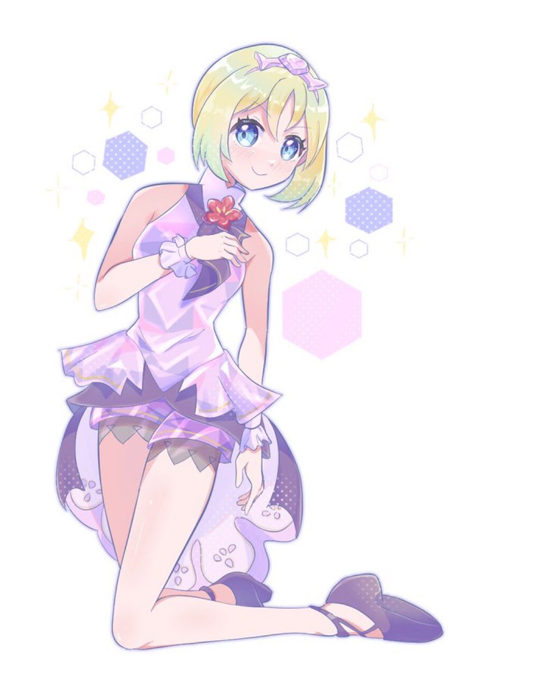 boronttt, irida (anniversary 2025) (pokemon), irida (pokemon), nintendo, pokemon, pokemon masters ex, highres, 1girl, blonde hair, blush, breasts, closed mouth, dress, flower, hair between eyes, headband, looking at viewer, neckerchief, official alternate costume, purple dress, purple headband, purple neckerchief, purple shorts, purple wrist cuffs, shoes, short hair, shorts, shorts under dress, sleeveless, sleeveless dress, smile, solo, wrist cuffs