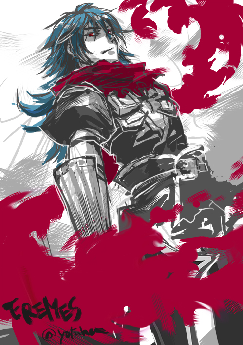 assassin cross (ragnarok online), eremes guile, ragnarok online, commentary request, 1boy, black shirt, blue hair, character name, closed mouth, colored skin, cowboy shot, expressionless, limited palette, long hair, looking at viewer, male focus, red eyes, red scarf, scarf, shaded face, shirt, solo, torn clothes, torn scarf, vambraces, white skin, yotuha428