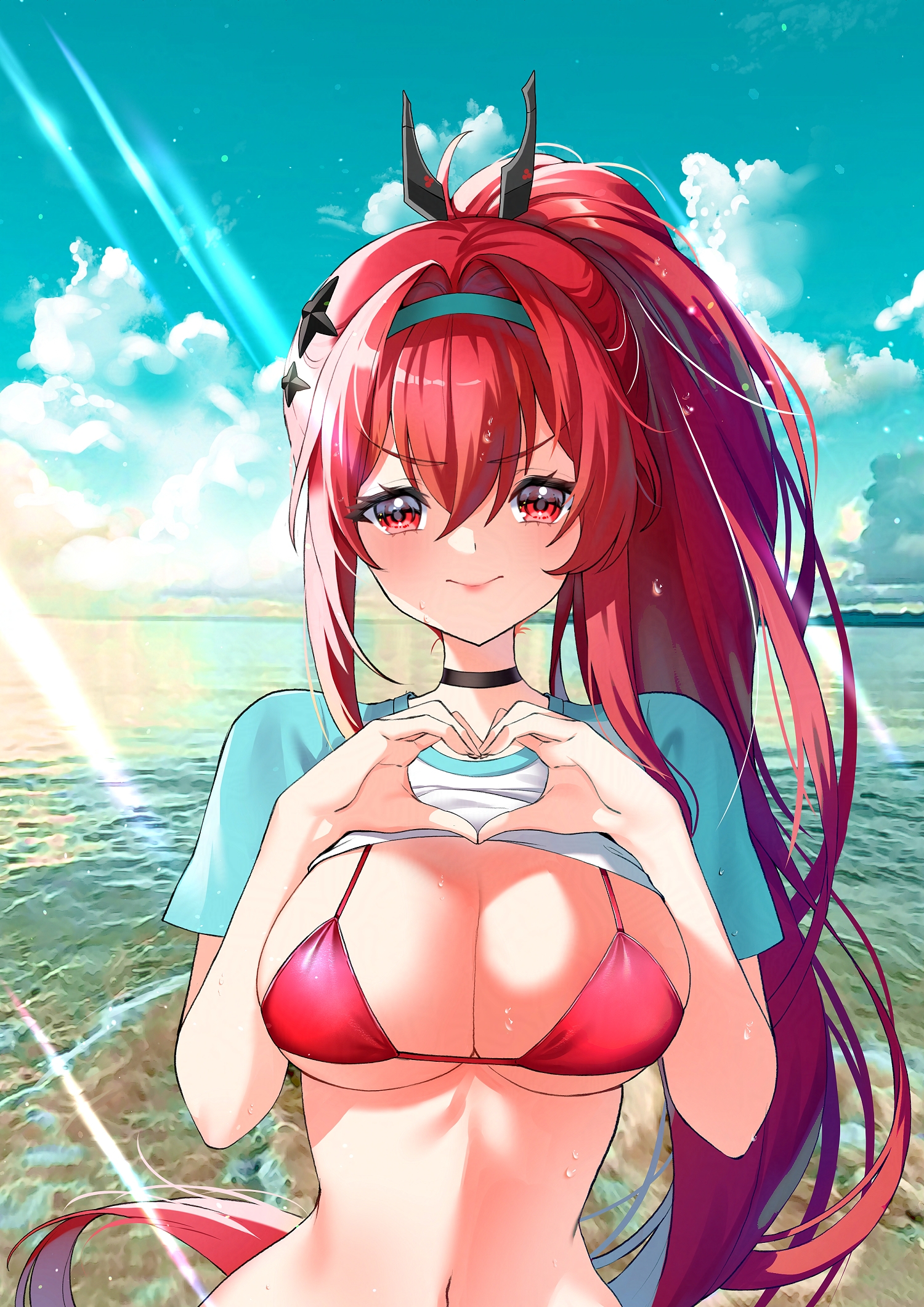 tempy (rinsia), rapi (nikke), goddess of victory: nikke, commentary, highres, symbol-only commentary, >:), 1girl, bikini, bikini under clothes, blue hairband, blue sky, breasts, cleavage, closed mouth, clothes lift, cloud, day, hair between eyes, hairband, hands up, horizon, large breasts, long hair, looking at viewer, navel, ocean, outdoors, ponytail, raglan sleeves, red bikini, red eyes, red hair, shirt, shirt lift, short sleeves, sky, smile, solo, swimsuit, upper body, v-shaped eyebrows, very long hair, water, white shirt