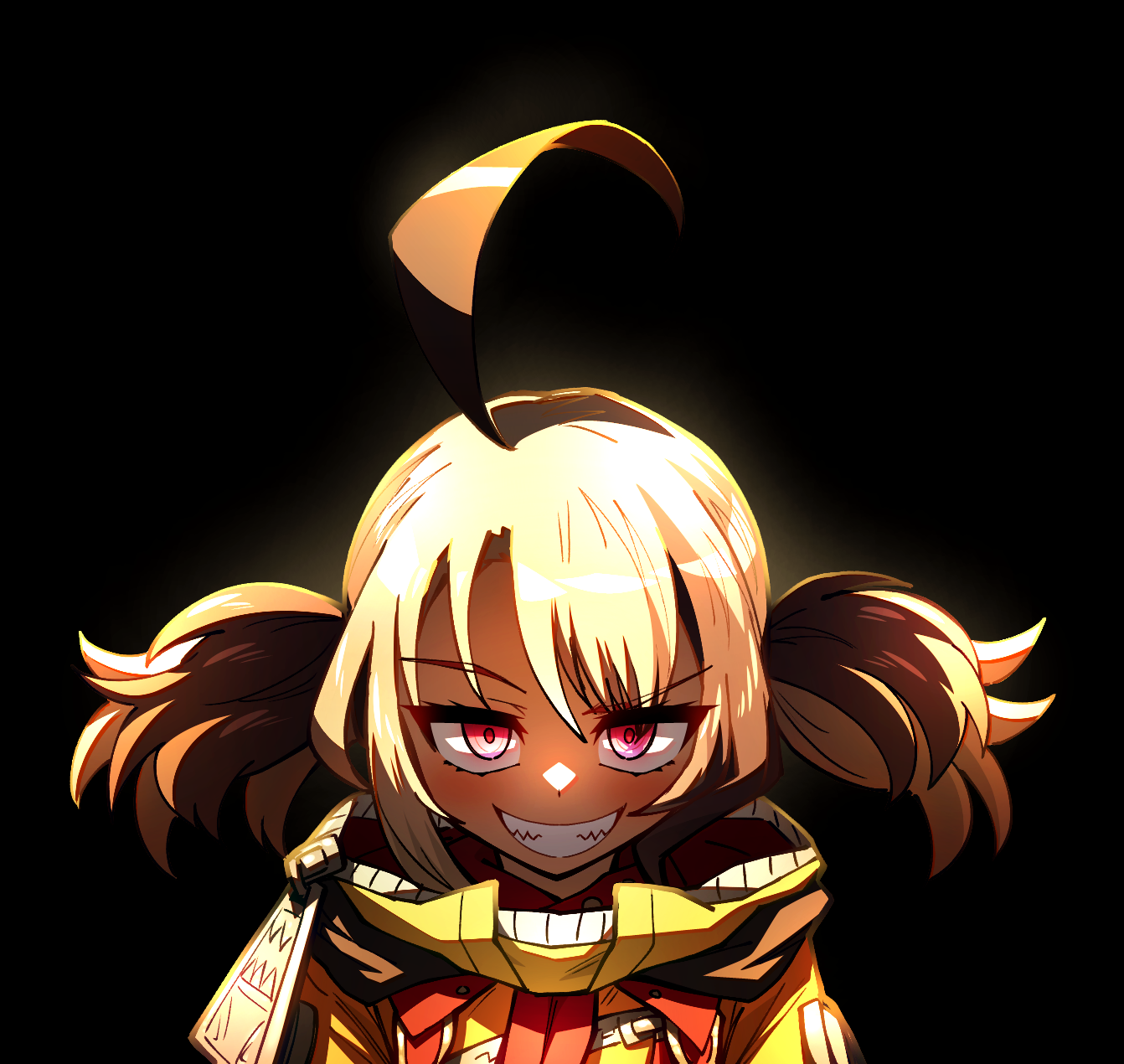 ddolbang, gigi murin, gigi murin (1st costume), hololive, hololive english, highres, 1girl, ahoge, black background, blonde hair, brown hair, evil grin, evil smile, grin, hood, hoodie, multicolored hair, pink eyes, sharp teeth, simple background, smile, solo, teeth, twintails, two-tone hair, virtual youtuber, yellow hoodie, zipper pull tab