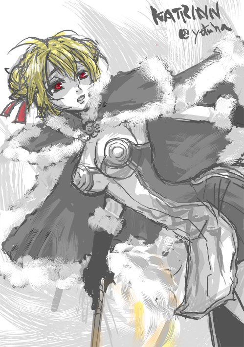 high wizard (ragnarok online), kathryne keyron, ragnarok online, commentary request, 1girl, blonde hair, breasts, cape, character name, cleavage, cowboy shot, dress, fur-trimmed cape, fur-trimmed gloves, fur trim, gloves, greyscale, holding, holding wand, large breasts, looking at viewer, monochrome, open mouth, red eyes, shaded face, short dress, short hair, solo, spot color, two-tone dress, wand, yotuha428