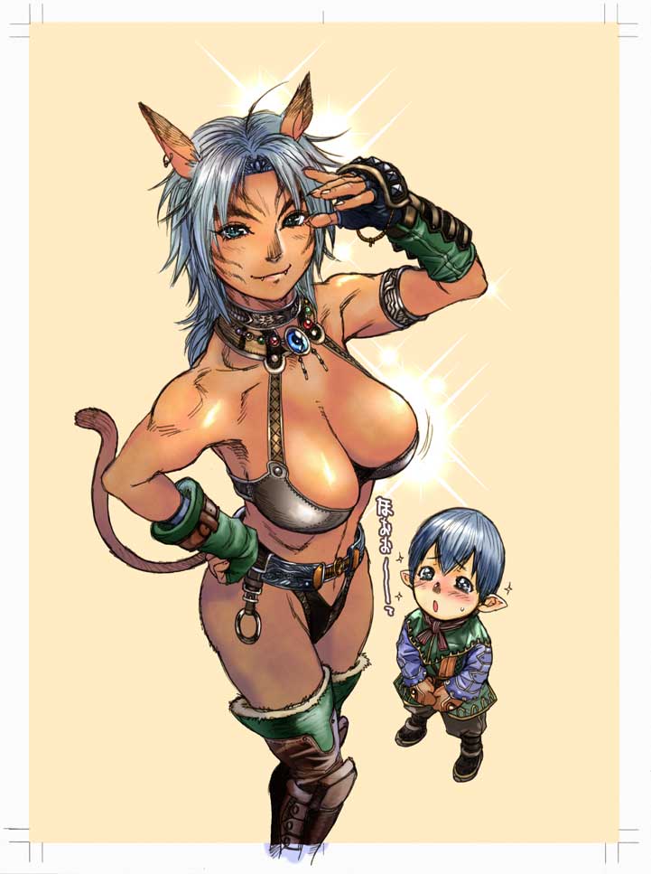 kishizuka kenji, mithra (ff11), final fantasy, final fantasy xi, silver hair, bad id, bad pixiv id, 00s, 1boy, 1girl, animal ears, belt, blush, boots, breasts, cat ears, cat girl, cat tail, choker, cleavage, curvy, fangs, fingerless gloves, gloves, green eyes, large breasts, pointy ears, sparkle, swoon, tail, thigh boots, thighhighs