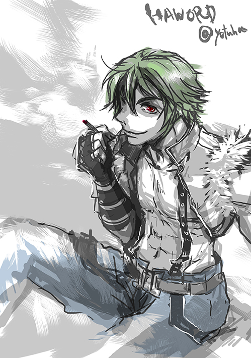 whitesmith (ragnarok online), ragnarok online, 1boy, abs, black gloves, blue pants, character name, cigarette, closed mouth, crop top, fingerless gloves, fur-trimmed shirt, fur trim, gloves, green hair, hair over one eye, holding, holding cigarette, howard alt-eisen, limited palette, looking at viewer, male focus, navel, open clothes, open shirt, pants, red eyes, shirt, short hair, sitting, sleeveless, sleeveless shirt, smile, solo, white background, white shirt, yotuha428