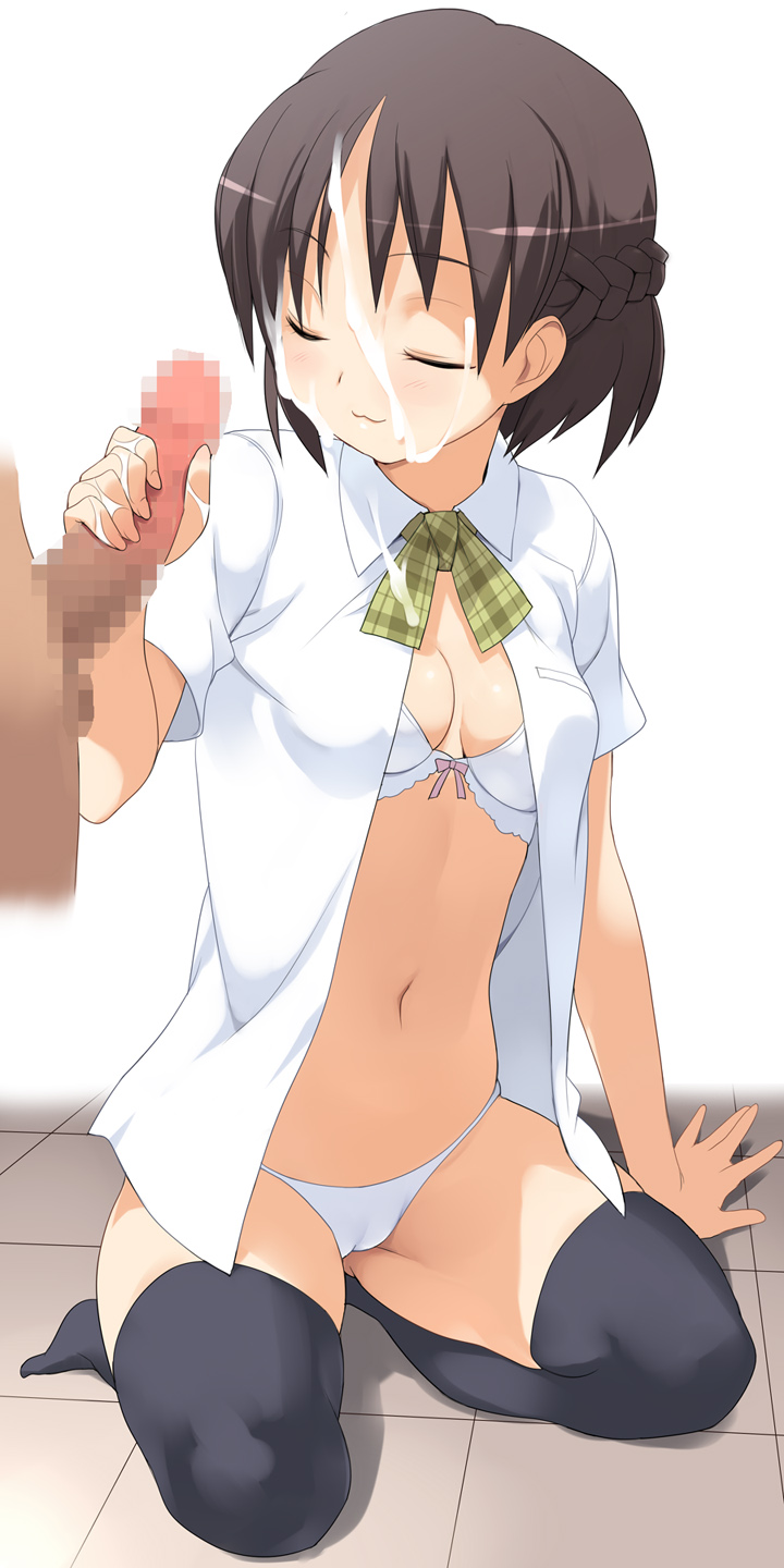 nora higuma, highres, non-web source, 1girl, :3, bra, braid, brown hair, cameltoe, censored, closed eyes, cum, cum on body, dark-skinned male, dark penis, dark skin, facial, handjob, interracial, lingerie, midriff, mosaic censoring, necktie, open clothes, open shirt, panties, penis, shirt, short hair, sitting, solo focus, thighhighs, underwear