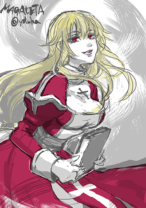 high priest (ragnarok online), margaretha sorin, ragnarok online, commentary request, 1girl, blonde hair, book, breasts, character name, colored skin, cowboy shot, cross, dress, grey sash, holding, holding book, juliet sleeves, large breasts, limited palette, long hair, long sleeves, looking at viewer, open mouth, puffy sleeves, red dress, red eyes, smile, solo, two-tone dress, white dress, white skin, yotuha428