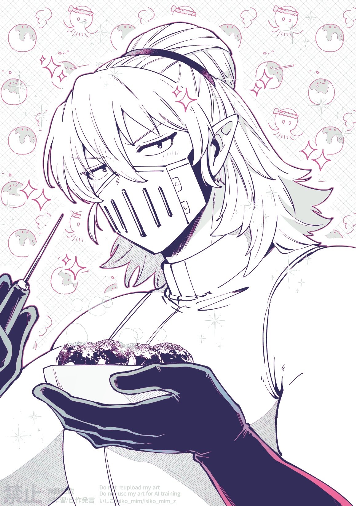 mairimashita! iruma-kun, highres, 1boy, balam shichiro, bowl, chopsticks, gloves, greyscale, hair between eyes, hair bun, holding, holding bowl, holding chopsticks, isiko mim z, light blush, looking at viewer, male focus, mask, medium hair, monochrome, mouth mask, pointy ears, single hair bun, sleeveless, solo, sparkle, upper body, v-shaped eyebrows