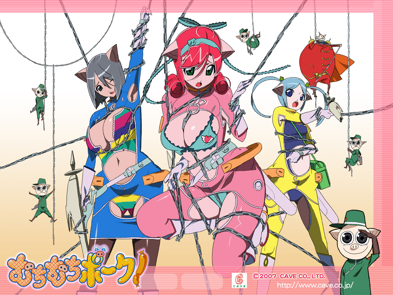 kawasaki kazuhiko, barasoto momo, katakuchi ikuo, souki rafute, cave (developer), muchi muchi pork, official art, official wallpaper, 3girls, animal ears, armpits, bdsm, black hair, blue eyes, blue hair, bondage, bound, bra, breasts, chain, cleavage, gloves, green eyes, gun, large breasts, lingerie, looking at viewer, midriff, multiple girls, one eye closed, open mouth, panties, pig, pig ears, pig girl, plump, red hair, short hair, small breasts, standing, twintails, underwear, weapon, wink
