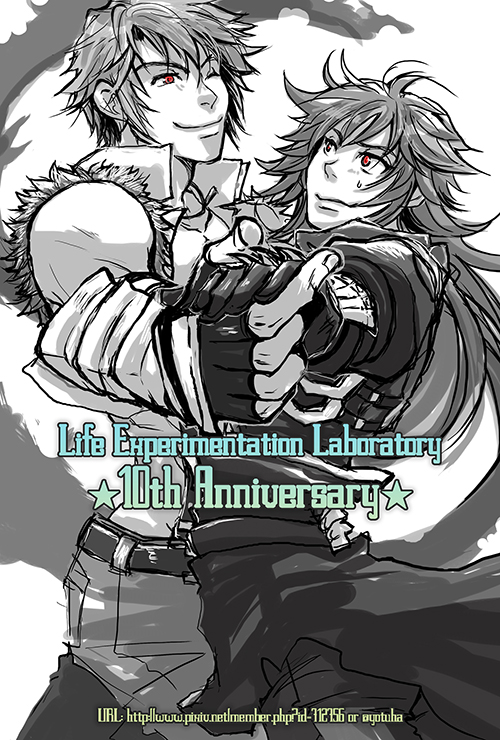 assassin cross (ragnarok online), eremes guile, whitesmith (ragnarok online), ragnarok online, commentary request, 2boys, anniversary, closed mouth, cowboy shot, greyscale, holding hands, howard alt-eisen, long hair, looking at another, male focus, monochrome, multiple boys, pants, red eyes, shirt, short hair, sleeveless, sleeveless shirt, smile, watermark, web address, yotuha428