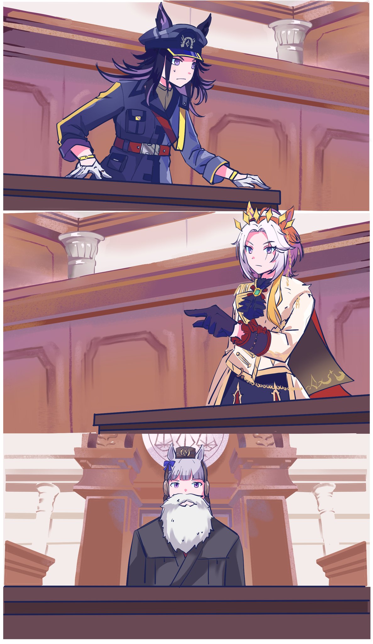 fenomeno (umamusume), gold ship (umamusume), orfevre (umamusume), ace attorney, umamusume, highres, 3girls, ahoge, animal ears, beard, black cloak, black gloves, black hair, black jacket, black skirt, blunt bangs, bow, breasts, brown hair, brown hat, cape, cloak, closed mouth, courtroom, ear bow, ear covers, ear ornament, ear ribbon, ears through headwear, facial hair, flipped hair, gloves, grey hair, hair intakes, hat, horse ears, horse girl, horseshoe hat ornament, horseshoe ornament, indoors, jacket, judge, long hair, long sleeves, multicolored hair, multiple girls, mustache, onion099, orange hair, peaked cap, pillbox hat, purple bow, purple eyes, purple hair, shirt, single ear cover, skirt, sweatdrop, two-tone hair, white beard, white facial hair, white gloves, white hair, white jacket