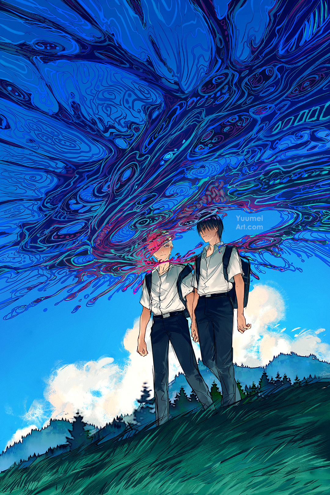 yuumei, indou hikaru, tsujinaka yoshiki, hikaru ga shinda natsu, commentary, english commentary, highres, 2boys, adam's apple, artist name, backpack, bag, belt, black bag, black belt, black hair, black pants, blue sky, cloud, collared shirt, full body, holding hands, male focus, mole, mole on cheek, mole on neck, mole under mouth, multiple boys, multiple moles, pants, school uniform, shirt, shirt tucked in, short hair, short sleeves, sky, standing, white hair, white shirt