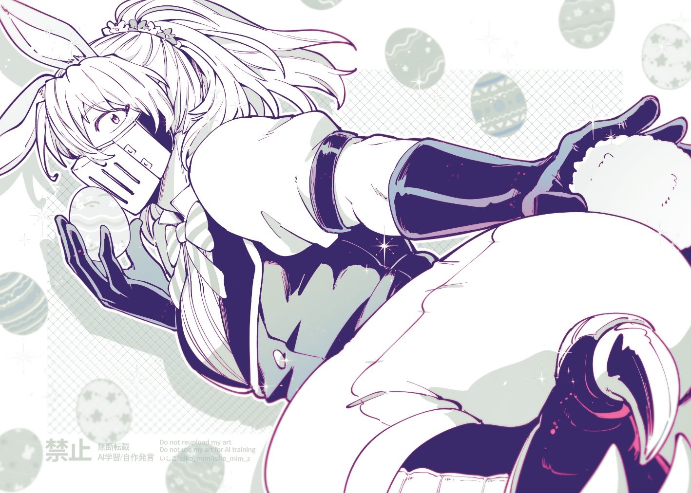 mairimashita! iruma-kun, 1boy, animal ears, balam shichiro, bird legs, bow, bowtie, buttons, drop shadow, easter egg, egg, gloves, greyscale, hair between eyes, holding, isiko mim z, juliet sleeves, long hair, long sleeves, looking at viewer, male focus, mask, monochrome, mouth mask, outline, pants, ponytail, puffy sleeves, rabbit ears, rabbit tail, shirt, solo, tail, vest, watermark