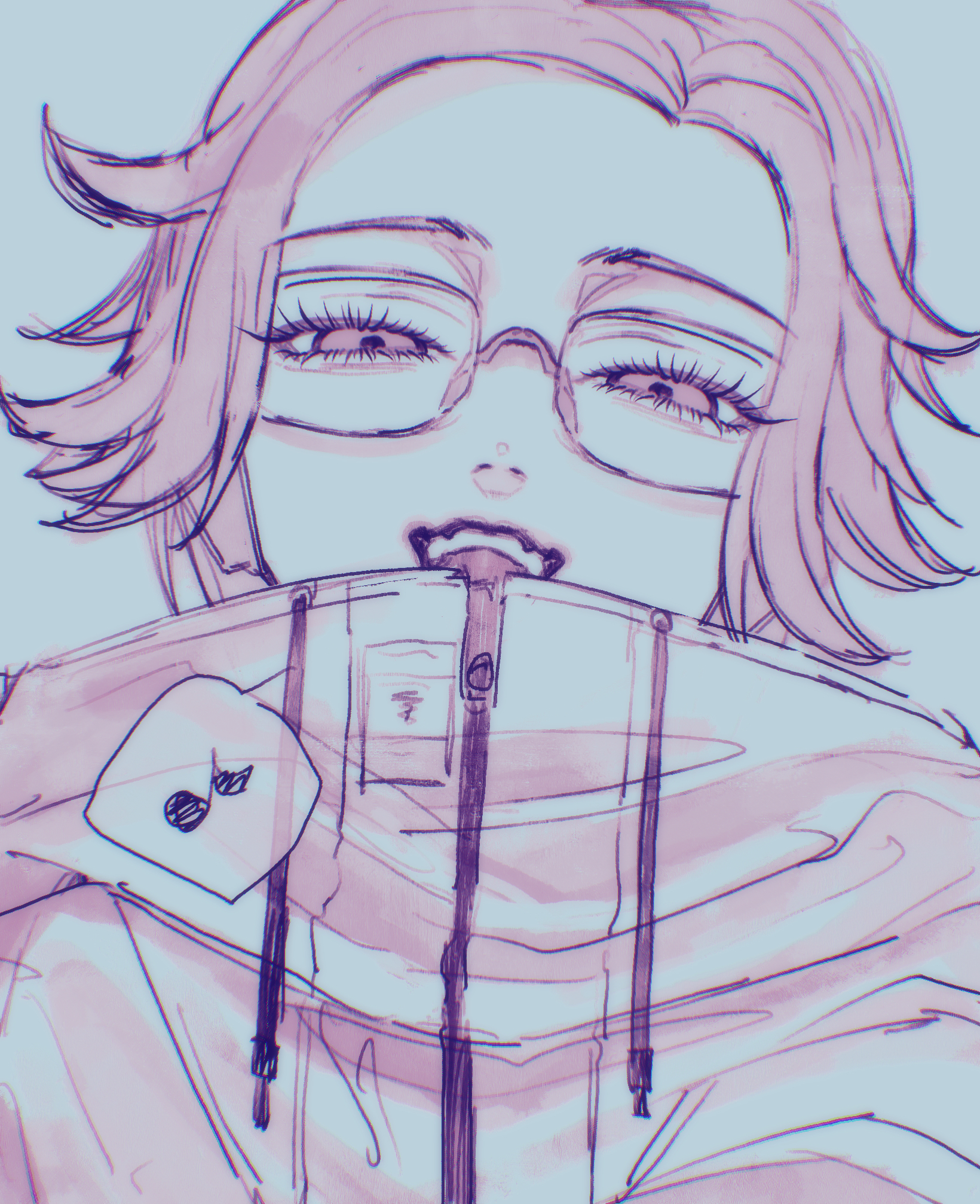 aotsuki eito, the hundred line -last defense academy-, highres, 1boy, chromatic aberration, dn0lt, drawstring, eyelashes, glasses, greyscale, grin, half-closed eyes, jacket, looking at viewer, male focus, monochrome, musical note, open mouth, portrait, short hair, smile, solo, spoken musical note