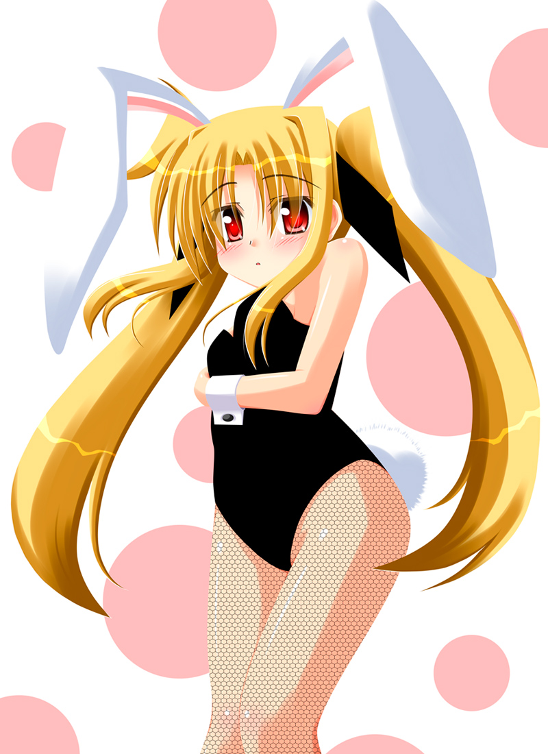 lask, fate testarossa, lyrical nanoha, mahou shoujo lyrical nanoha, 00s, 1girl, animal ears, blonde hair, blush, fake animal ears, female focus, fishnet pantyhose, fishnets, leotard, long hair, pantyhose, playboy bunny, rabbit ears, red eyes, solo, twintails, very long hair