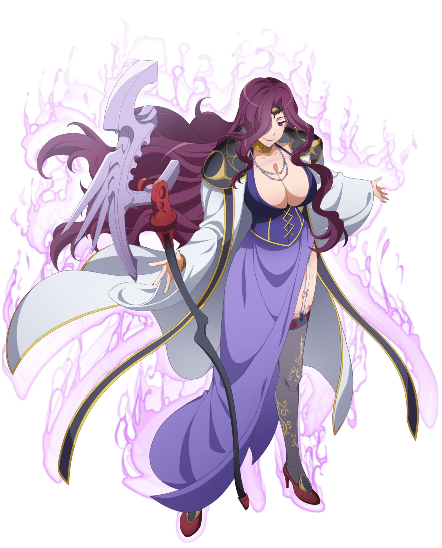 yubelluna, high school dxd, high school dxd operation paradise infinity, 1girl, breasts, cleavage, dress, garter straps, high heels, large breasts, long hair, purple eyes, purple hair, solo
