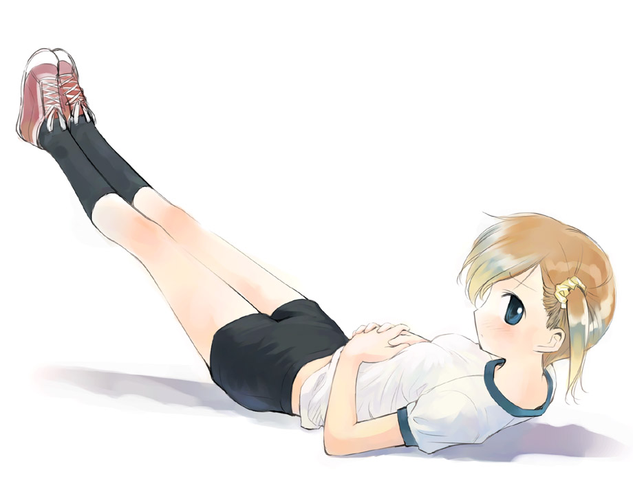 ikeda jun (mizutamari), 1girl, blue eyes, brown hair, female focus, gym uniform, kneehighs, lying, on back, shoes, shorts, sneakers, socks, solo