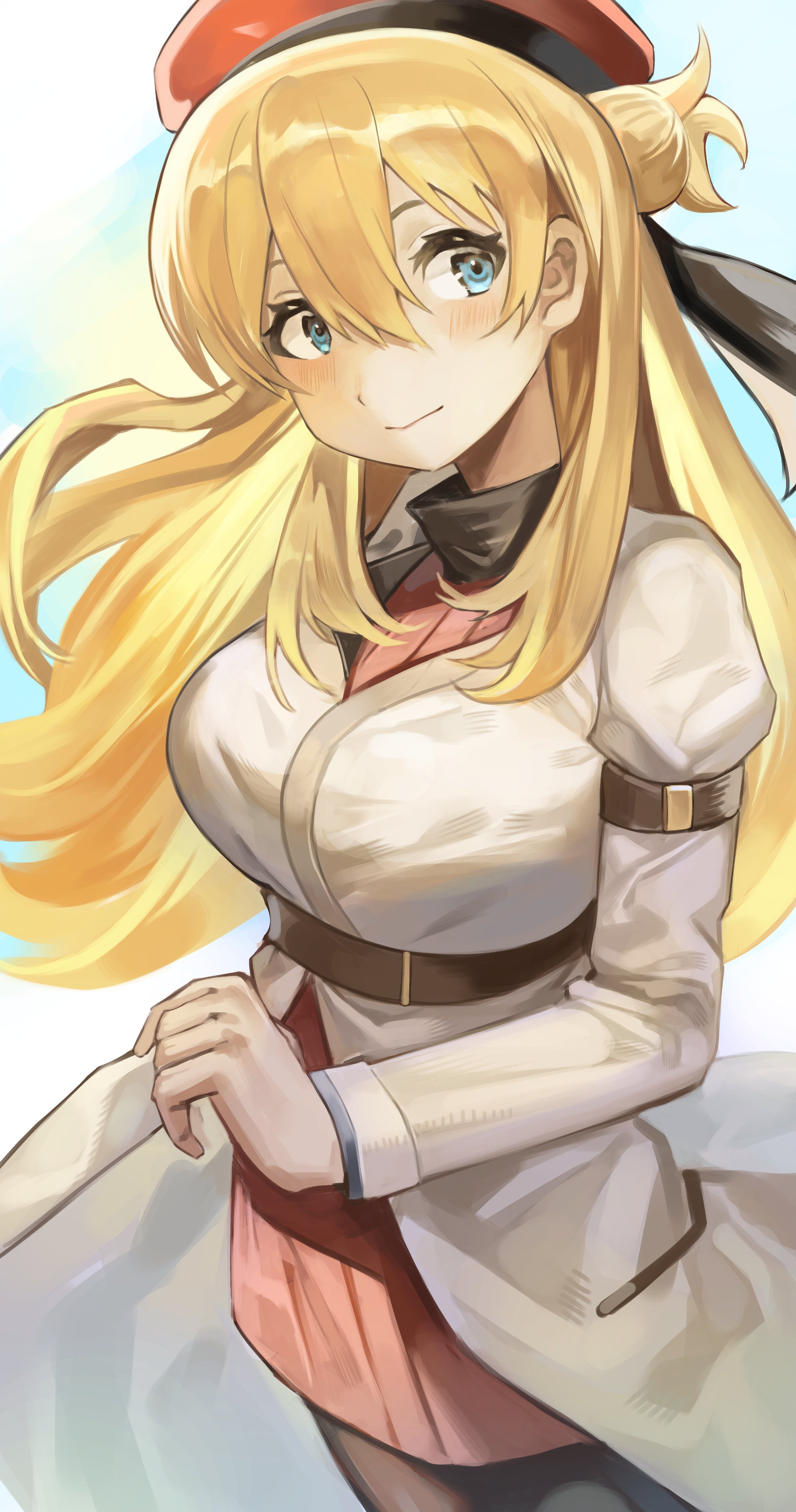 cancanbaobao55, agnes claudel, eiyuu densetsu, kuro no kiseki (series), kuro no kiseki i, absurdres, hashtag-only commentary, highres, 1girl, beret, blonde hair, blue eyes, blush, breasts, closed mouth, double-parted bangs, hair between eyes, hair bun, hat, jacket, large breasts, long hair, red hat, red sweater, single side bun, smile, solo, standing, sweater, white jacket
