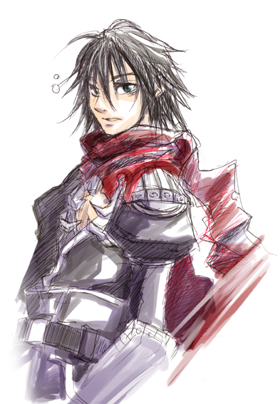 assassin cross (ragnarok online), ragnarok online, commentary request, 1boy, armor, bags under eyes, black shirt, green eyes, hair between eyes, long bangs, looking at viewer, male focus, open mouth, pauldrons, red scarf, scarf, shirt, short hair, shoulder armor, simple background, solo, squeans, upper body, vambraces, yotuha428