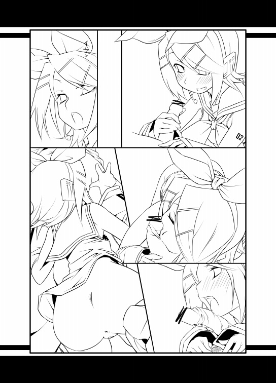 hermmy, kagamine rin, vocaloid, ass, bottomless, censored, comic, fellatio, greyscale, monochrome, no panties, oral, penis