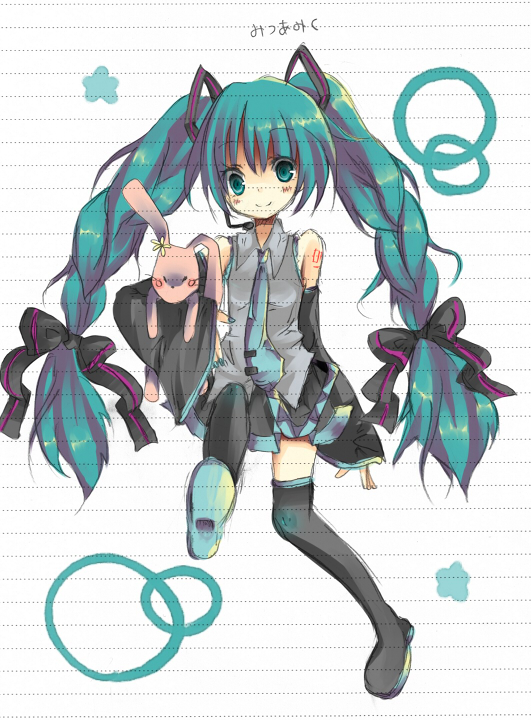 umi (umi02), hatsune miku, vocaloid, 1girl, aqua hair, female focus, long hair, solo, thighhighs, twintails, very long hair