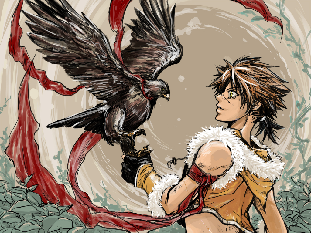 sniper (ragnarok online), ragnarok online, commentary request, 1boy, armband, bird, bird on hand, black gloves, brown background, brown gloves, brown hair, brown shirt, closed mouth, crop top, falcon, fingerless gloves, fur-trimmed gloves, fur-trimmed shirt, fur trim, gloves, leaf, looking at animal, low ponytail, male focus, ponytail, scar, scar on face, scar on nose, shirt, short hair, short ponytail, sleeveless, sleeveless shirt, smile, solo, two-tone gloves, yellow eyes, yotuha428