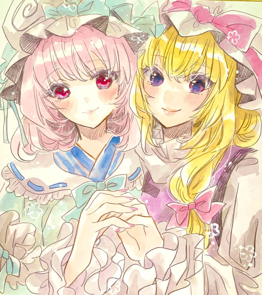 akaioringo2023, saigyouji yuyuko, yakumo yukari, touhou, 2girls, hat, long hair, looking at viewer, medium hair, mob cap, multiple girls, pink hair, purple eyes, purple tabard, red eyes, tabard, upper body