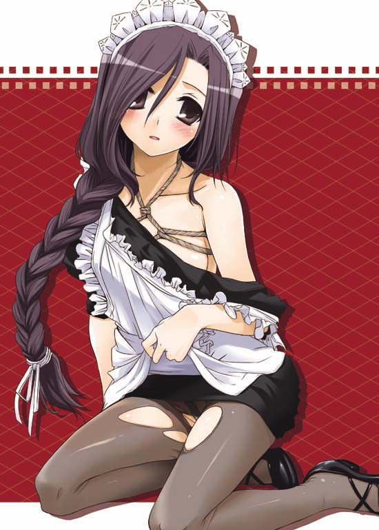 nakajima yuka, original, photoshop (medium), textless version, 1girl, apron, apron lift, bdsm, blush, bondage, bound, braid, clothes lift, cover image, female focus, maid, maid apron, pantyhose, rope, shibari, shibari under clothes, solo, torn clothes, torn pantyhose