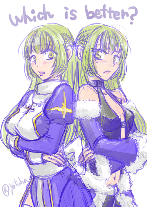 high priest (ragnarok online), stalker (ragnarok online), ragnarok online, commentary request, 2girls, alternate color, arms under breasts, back bow, black tank top, blonde hair, blush, bow, breasts, clothing cutout, cowboy shot, cross, cross necklace, detached sleeves, dress, english text, fur-trimmed sleeves, fur trim, jewelry, long hair, looking at viewer, medium breasts, multiple girls, navel, necklace, open mouth, purple dress, purple sleeves, sash, simple background, small breasts, stomach cutout, tank top, waist bow, white background, white dress, white sash, yellow eyes, yotuha428