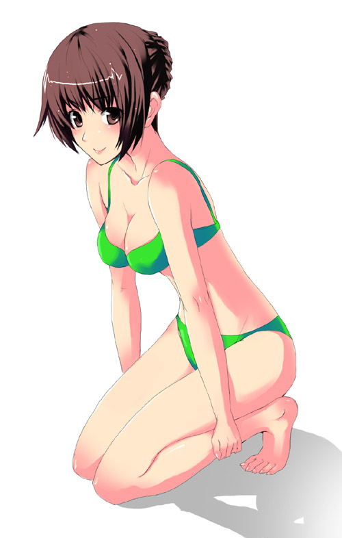 unasaka ryou, original, 1girl, barefoot, bikini, breasts, brown eyes, brown hair, cleavage, female focus, green bikini, hair bun, kneeling, legs, short hair, single hair bun, solo, swimsuit