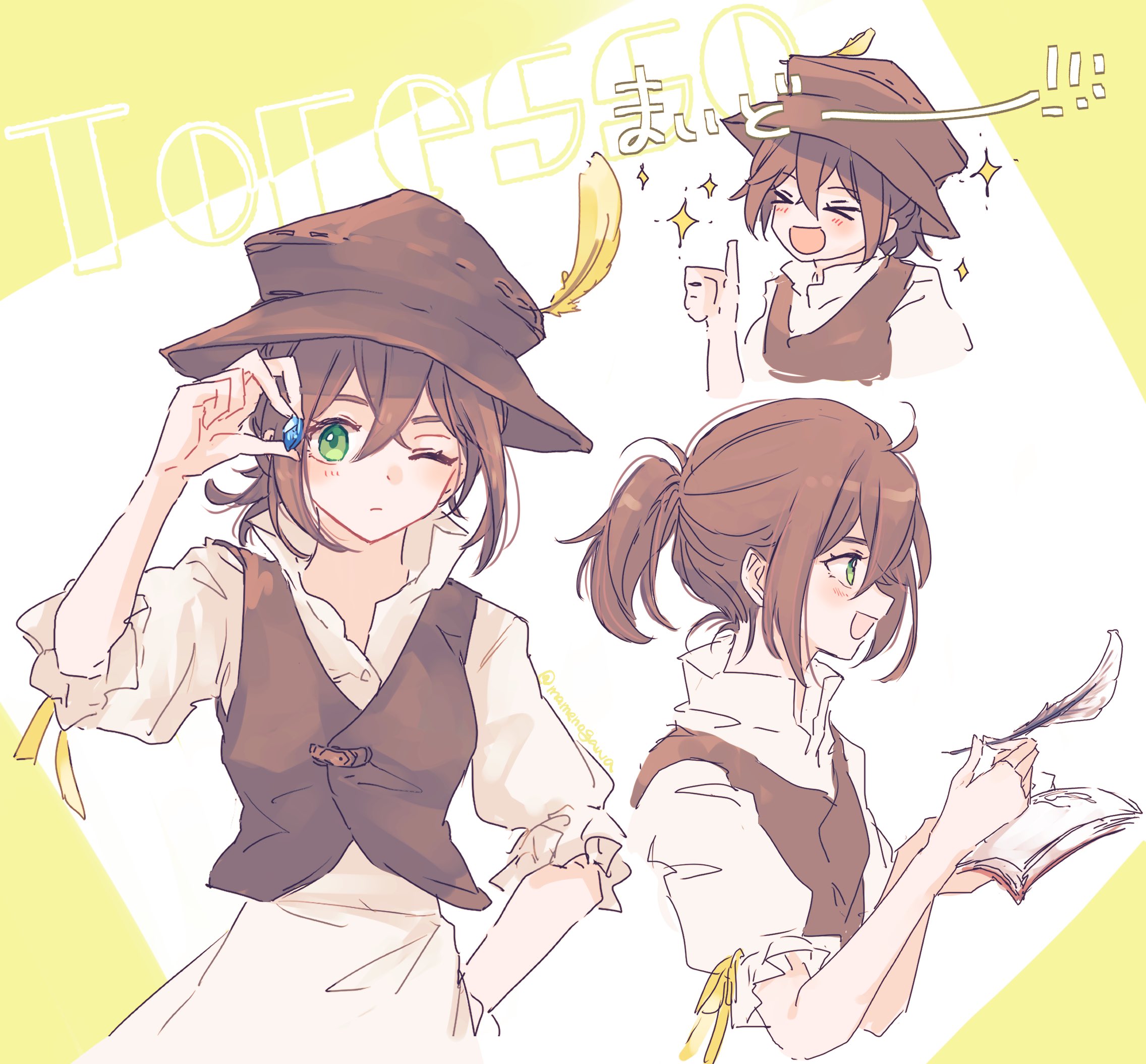 mamenogawa, octopath traveler, octopath traveler ii, commentary request, highres, translation request, > <, 1girl, :d, blue gemstone, brown hair, brown hat, crossed bangs, gem, green eyes, hair between eyes, hat, holding, holding quill, multiple views, one eye closed, open mouth, ori (octopath traveler), ponytail, quill, short ponytail, smile, sparkle, thumbs up, white background, xd, yellow background