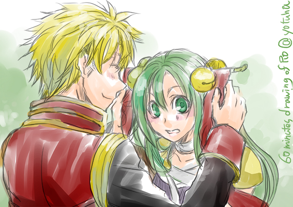 assassin (ragnarok online), priest (ragnarok online), ragnarok online, commentary request, 1boy, 1girl, armor, bell, black coat, blonde hair, blush, closed eyes, coat, gold trim, green background, green eyes, green hair, hair bell, hair ornament, hair stick, jingle bell, long hair, long sleeves, looking at another, multicolored coat, one-hour drawing challenge, open mouth, pauldrons, red coat, short hair, shoulder armor, smile, two-tone coat, upper body, yotuha428