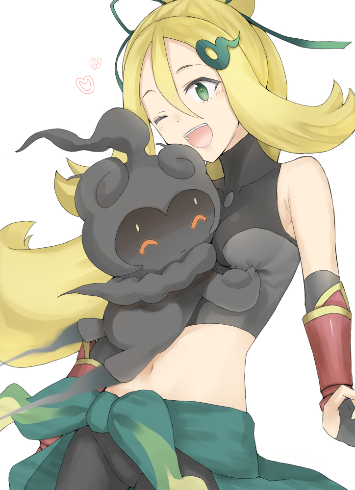 sakasa (guranyto), korrina (pokemon), marshadow, nintendo, pokemon, pokemon xy, commentary request, 1girl, ;d, bare shoulders, black gloves, black pants, black shirt, blonde hair, breasts, crop top, fingerless gloves, gen 7 pokemon, gloves, green eyes, hair between eyes, hair ornament, heart, hug, legendary pokemon, long hair, midriff, mythical pokemon, navel, one eye closed, open mouth, pants, pokemon (creature), shirt, simple background, sleeveless, sleeveless shirt, small breasts, smile, very long hair, white background